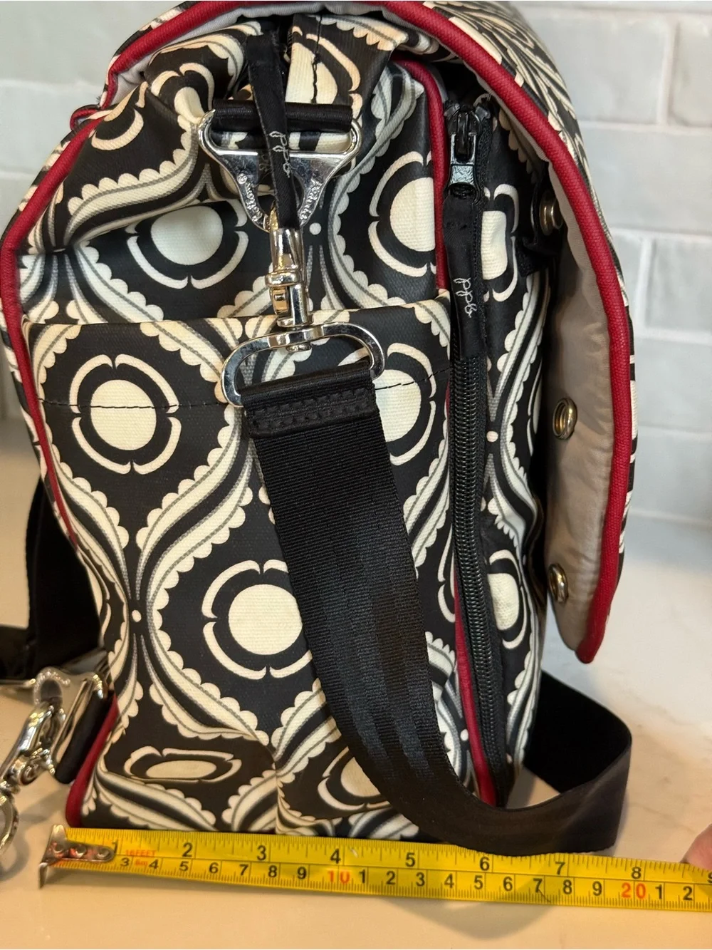 Petunia Pickle Bottom Black & White Geometric Baby Bag with Red Accent